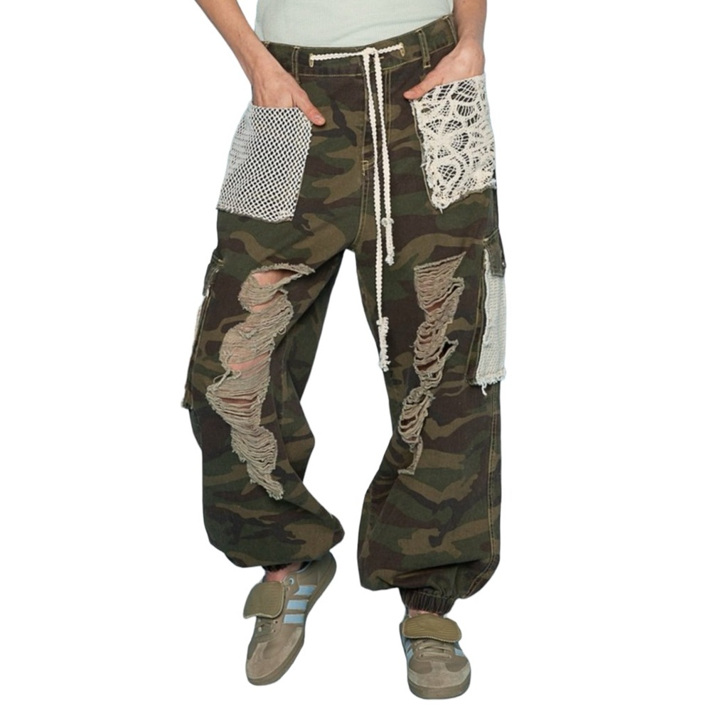 POL Camo Distressed Patchwork Jogger Pants with Crochet Pockets